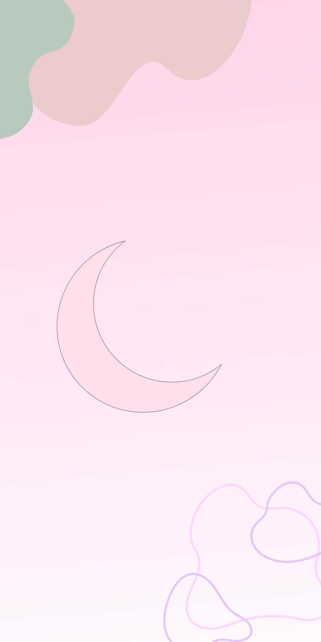 Crescent Moon 桌布 壁紙 — 一款極簡風格的粉彩壁紙，帶有新月和抽象雲朵形狀，採用柔和的粉紅、薄荷和薰衣草色調。
