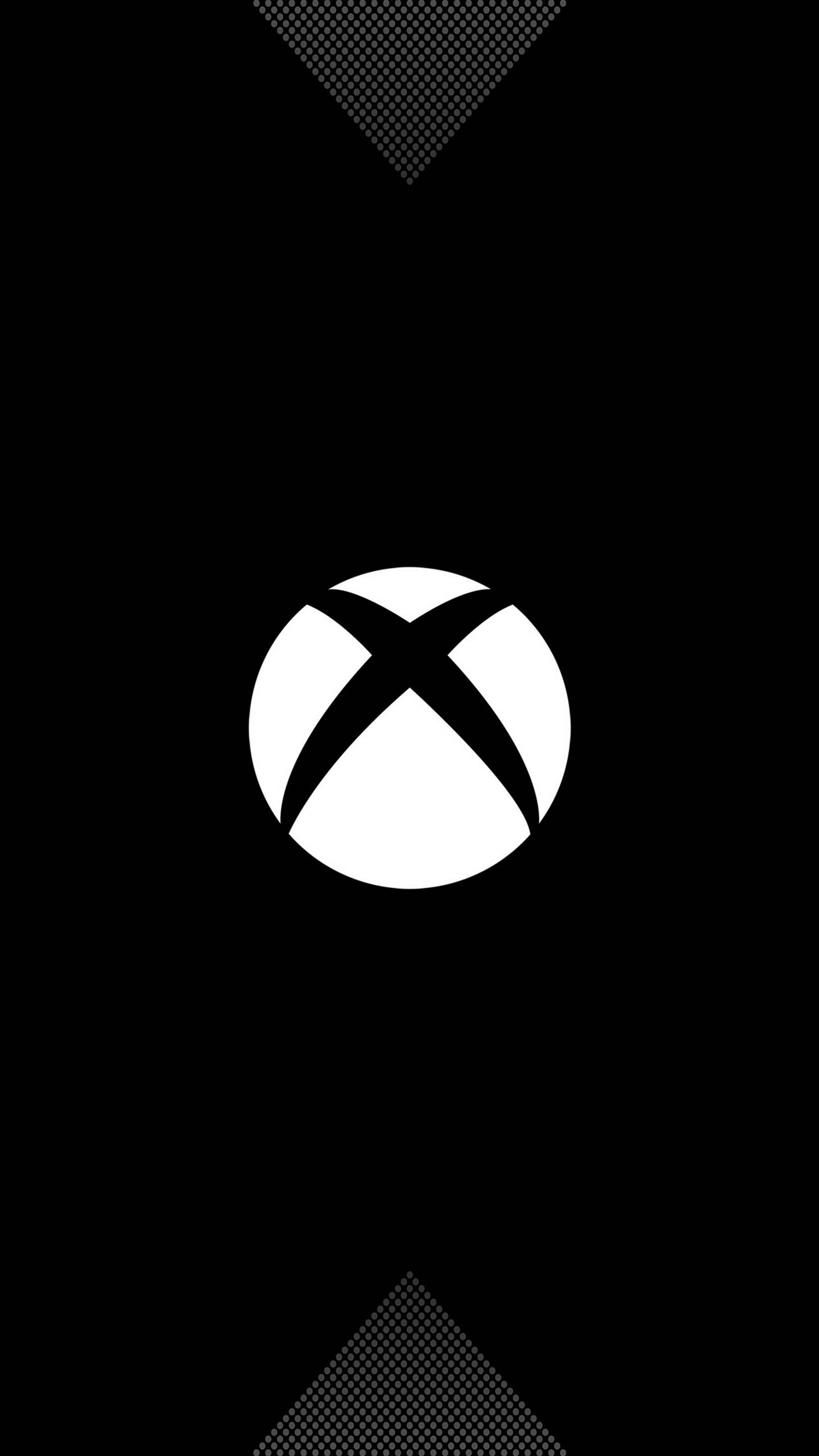 黑色 iPhone 桌布 桌布 壁紙 — 一款極簡黑白桌布，中央放置Xbox標誌，頂部和底部有幾何點狀圖案。
