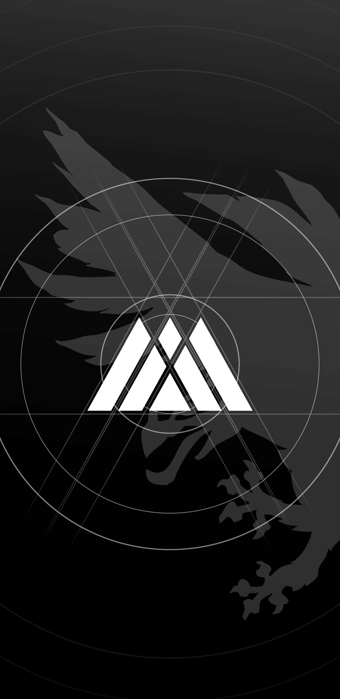 Destiny 2 桌布 壁紙 — 一款極簡黑白桌布，在幾何三角形標誌後方有一個風格化的有翼生物剪影，並疊加有微弱的圓形和線性網格線。