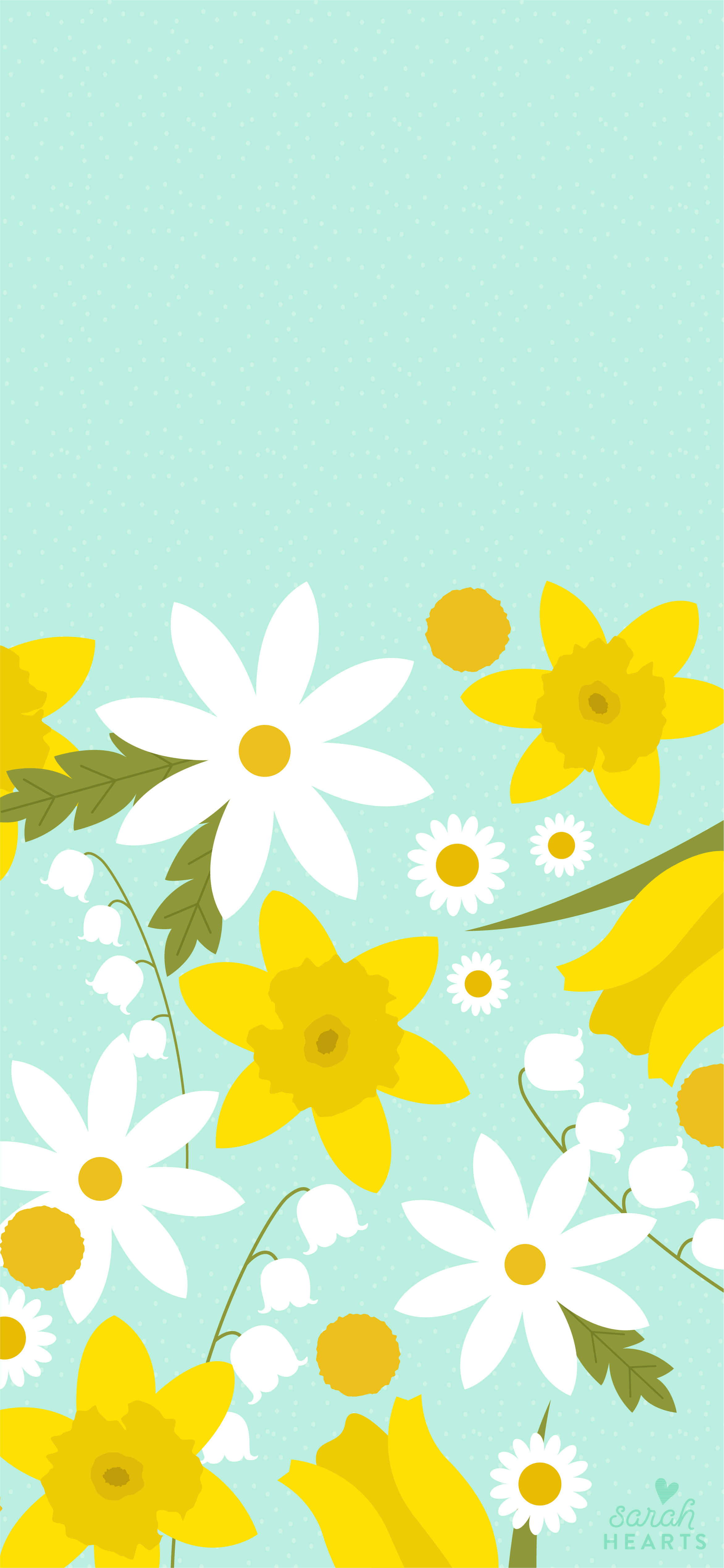 Cute Spring iPhone 桌布 壁紙 — 一款歡快的花卉壁紙，以薄荷綠背景襯托黃色水仙花、白色雛菊和鈴蘭。