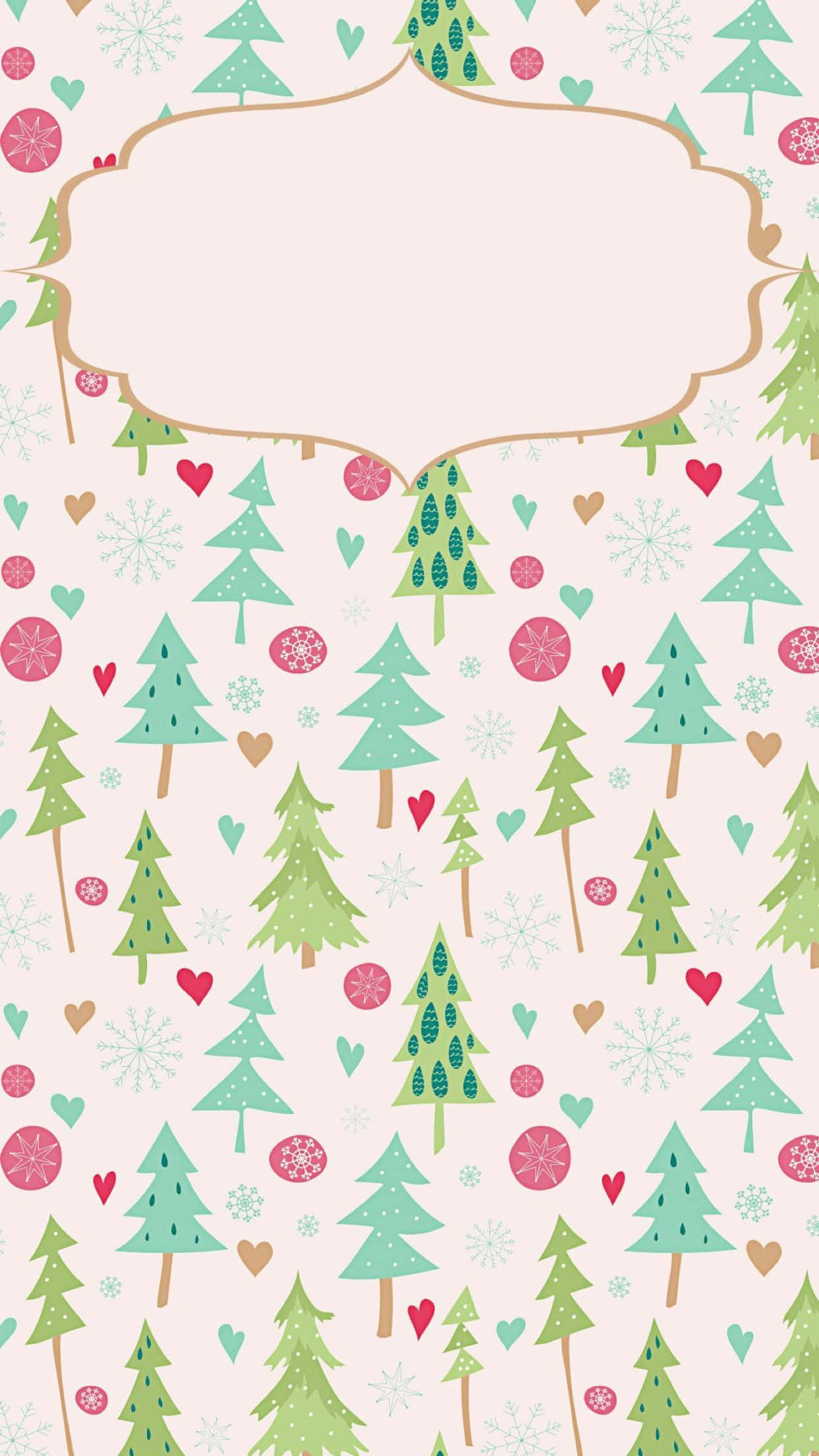 Christmas Cell Phone 桌布 壁紙 — 一款歡樂圖案壁紙，以柔和腮紅背景襯托綠色松樹、粉紅色雪花和心形圖案。