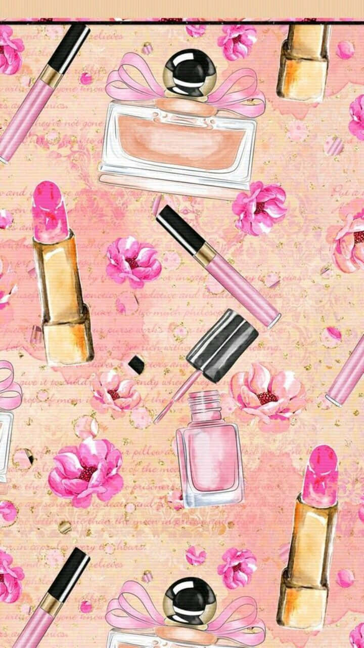Cute Makeup 桌布 壁紙 — 一款水彩風格壁紙，在柔和的粉紅色紋理背景上散落著粉紅花朵及香水、唇膏、指甲油等美容產品。