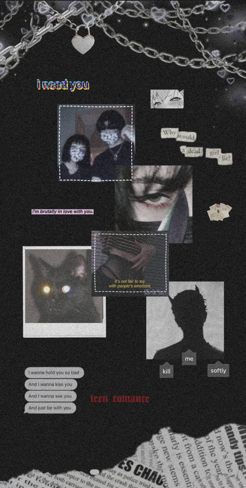 深色拼貼，以照片、文字和鎖鏈傳達浪漫和陰鬱的主題。 — Emo 美學 GIF 壁紙