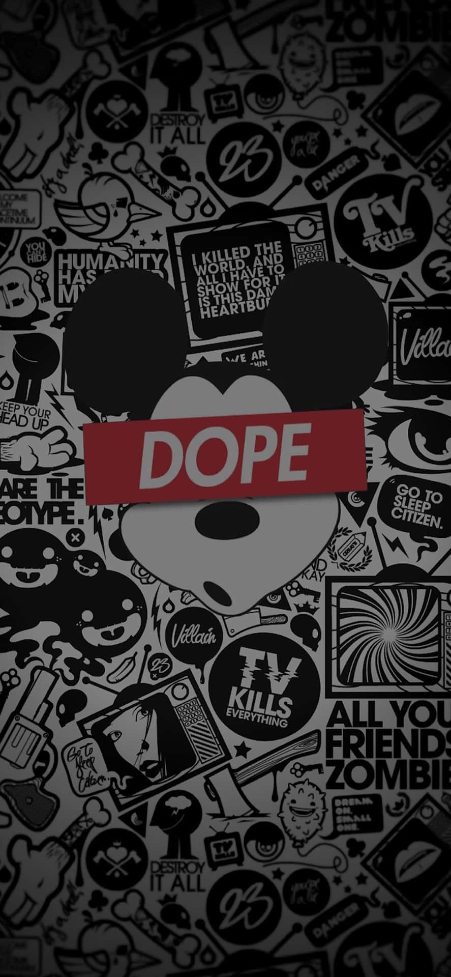 米奇老鼠頭部，上面有「DOPE」橫幅，覆蓋在貼紙拼貼畫上。 — 超炫動圖 壁紙