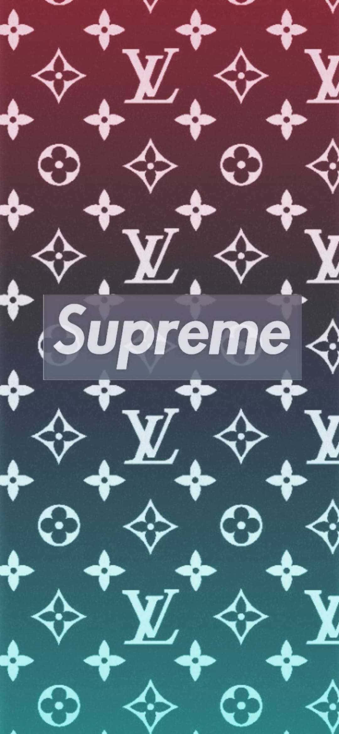 blue supreme 桌布 壁紙 — 一款漸層桌布，帶有重複的 Louis Vuitton 字母組合圖案，從酒紅色過渡到藍綠色，中央疊加 Supreme 標誌。