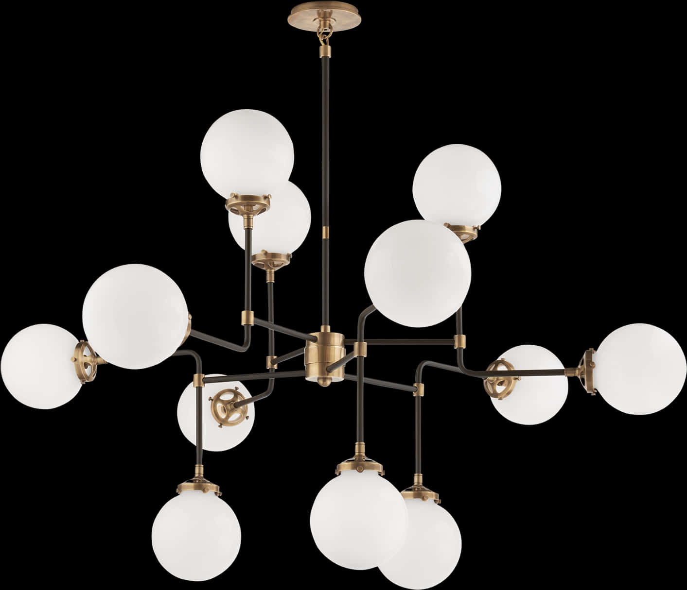 Chandelier 桌布 壁紙 — 一款現代吊燈，採用磨砂玻璃球和黃銅裝飾，在純黑背景下散發優雅氣質。