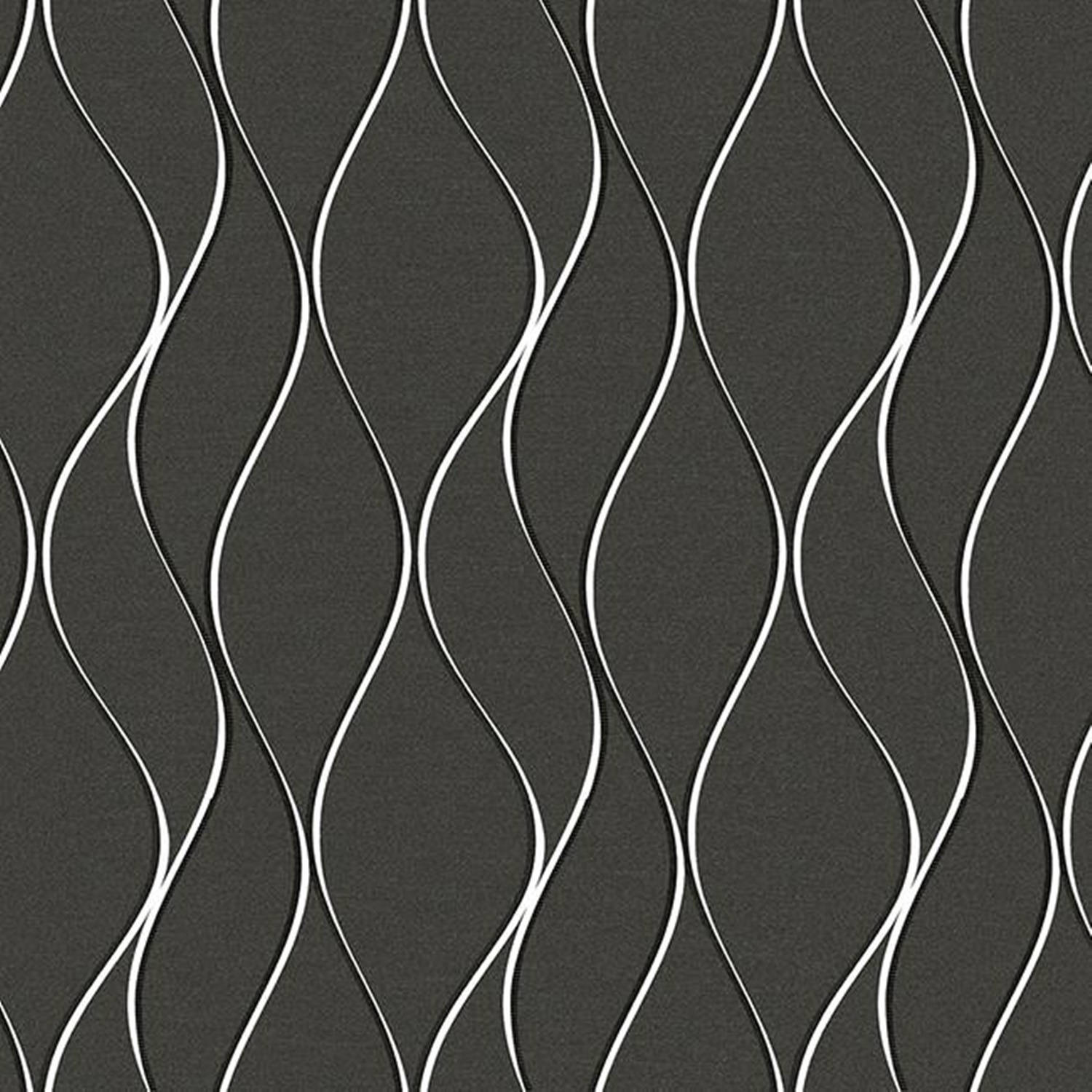 Interior Design 桌布 壁紙 — 一款現代壁紙，在深灰色紋理背景上採用大膽的白色波浪線條，營造出動態的抽象圖案。