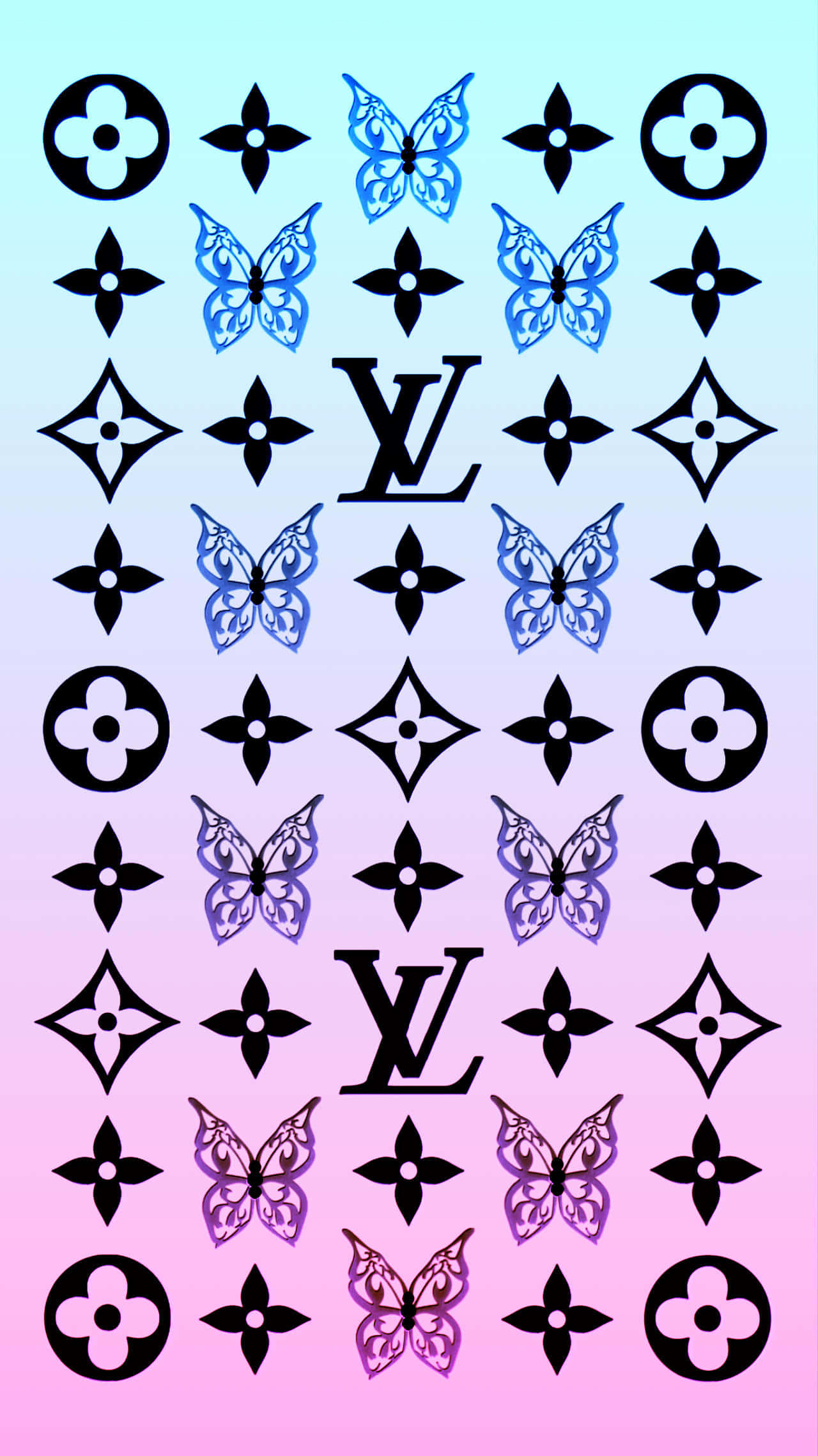Louis Vuitton Pattern 桌布 壁紙 — 一款由粉紅色漸變至藍色的壁紙，帶有重複的黑色 Louis Vuitton 標誌和各種藍色和紫色色調的蝴蝶。