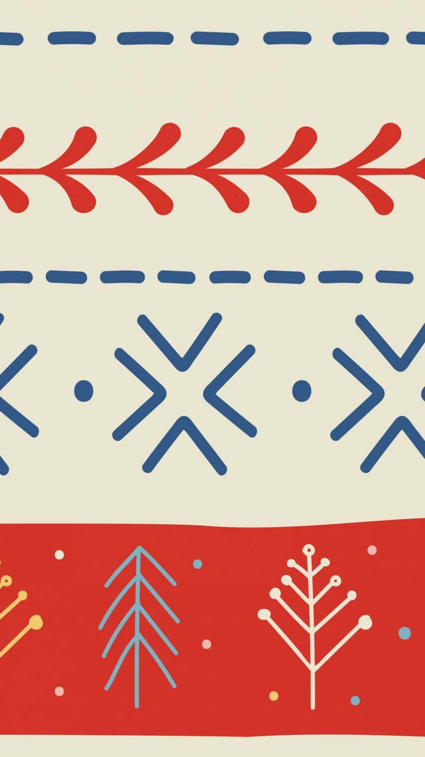 Winter Phone 桌布 壁紙 — 一款節日圖案壁紙，在奶油色背景上帶有紅色和藍色的幾何形狀及風格化樹木。