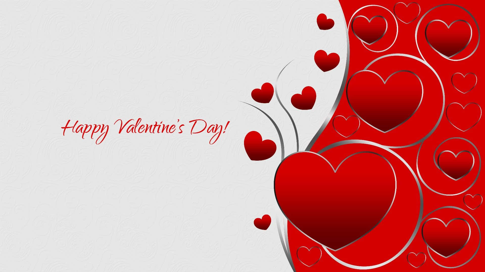 Happy Valentines Day 桌布 壁紙 — 一款節日情人節桌布，紅色愛心在銀色和白色紋理背景上旋轉。
