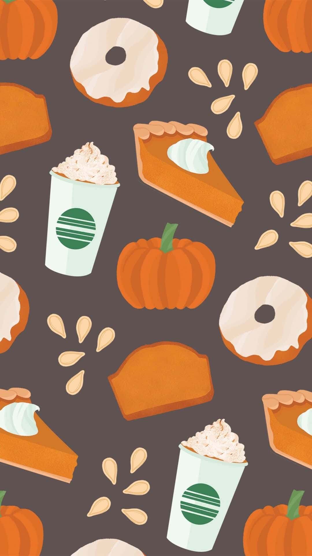 Cute Autumn iPhone 桌布 壁紙 — 一款節日秋季主題壁紙，以重複圖案呈現南瓜、南瓜派、甜甜圈和南瓜香料拿鐵。
