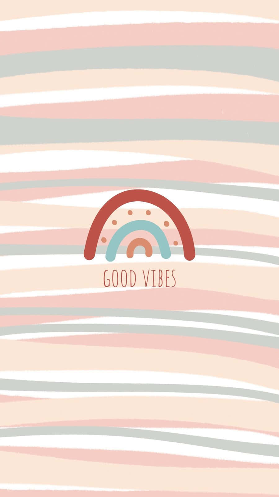 Good Vibes 桌布 壁紙 — 一款粉彩條紋壁紙，中央有可愛的彩虹和「good vibes」文字，背景柔和。