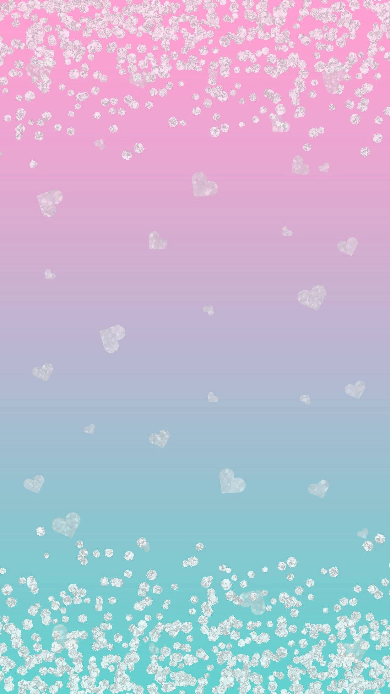 Aesthetic Girly 桌布 壁紙 — 一款粉紅、紫色和青綠色的柔和漸變桌布，帶有閃爍亮片和散落的心形圖案。