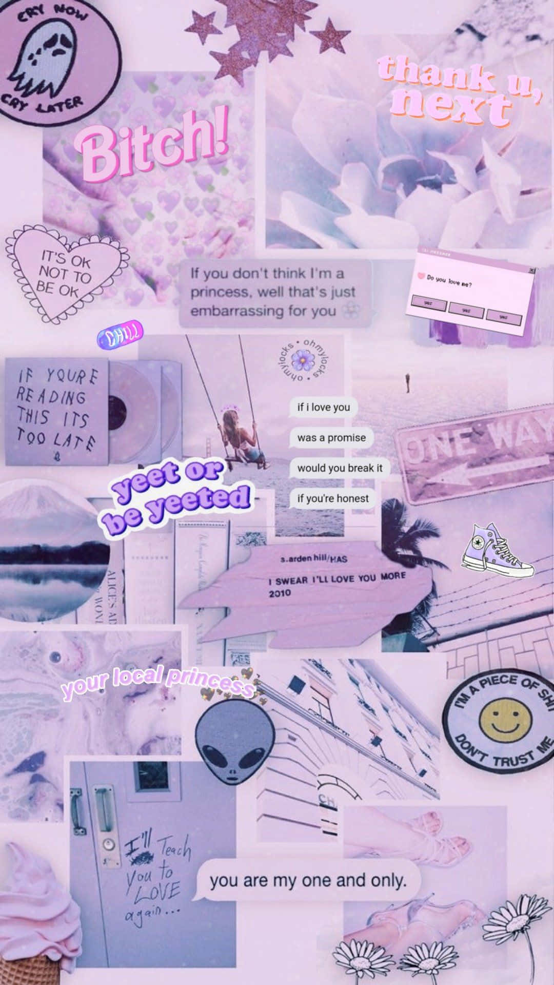 Purple Aesthetic Collage 桌布 壁紙 — 一款粉紫色拼貼桌布，包含手寫語錄、貼紙、外星人藝術和塗鴉，呈現年輕美學。