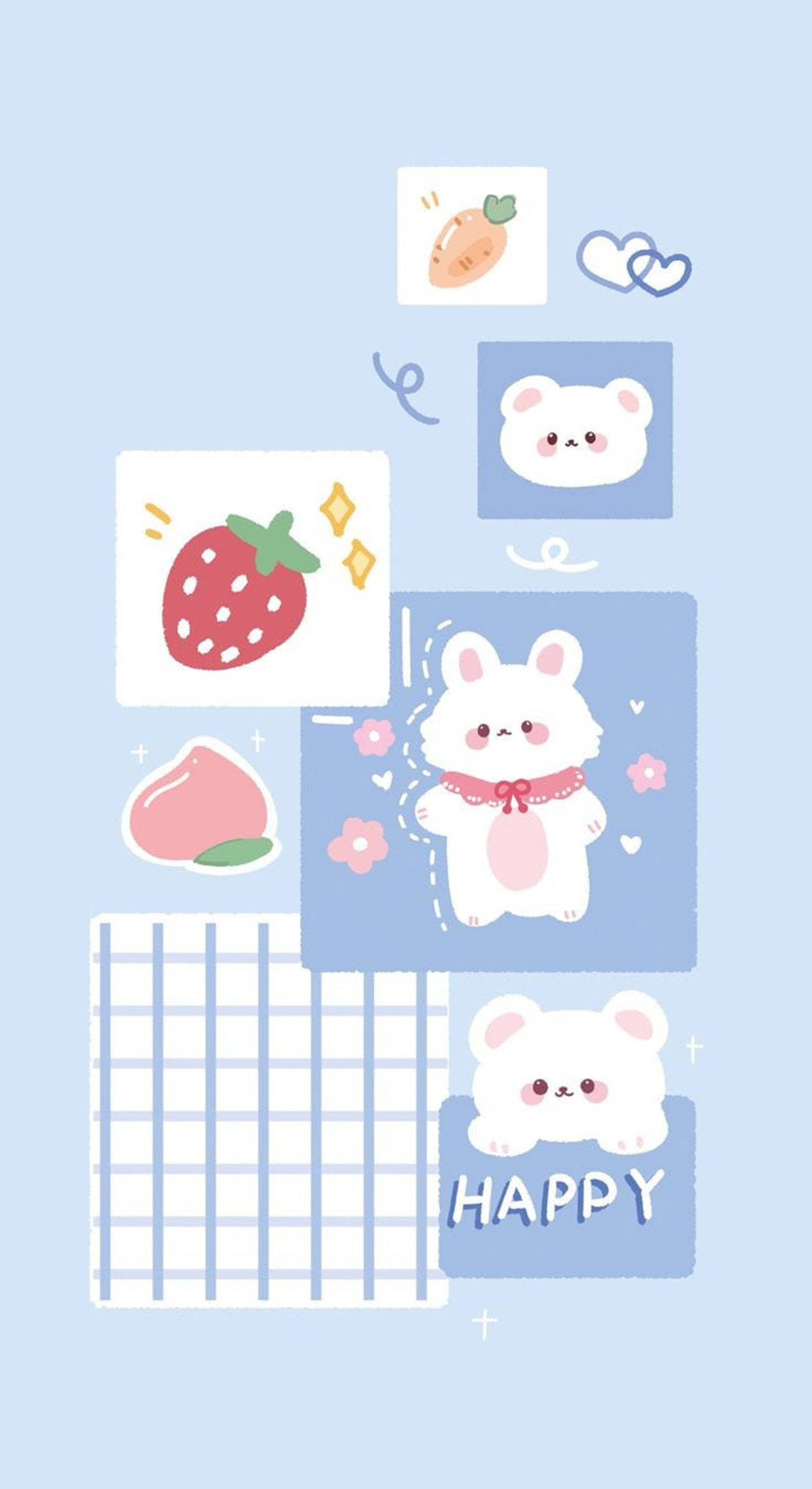 cute pastel colors 桌布 壁紙 — 一款粉藍色桌布，上面有可愛的卡通貼紙，包括兔子、桃子、草莓、胡蘿蔔和心形，以有趣的拼貼方式排列。