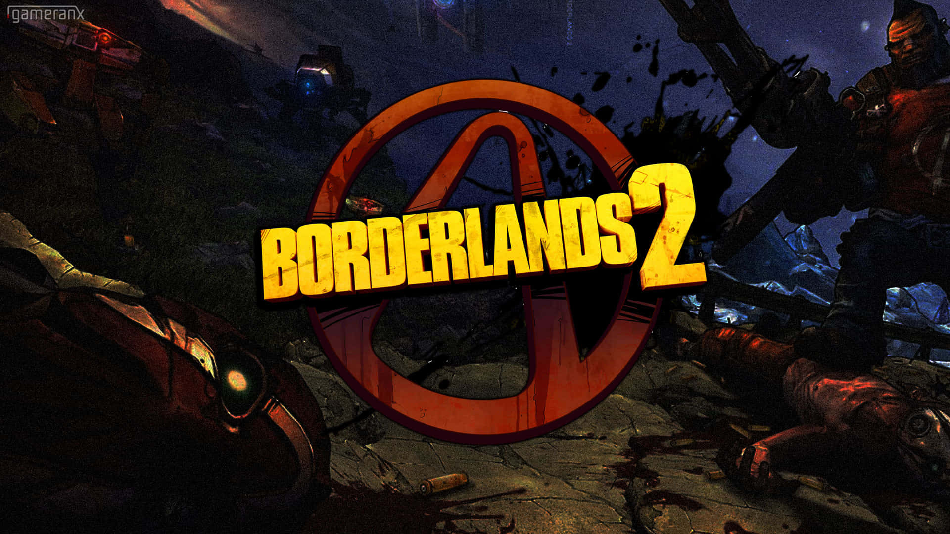 1920x1080 Borderlands 3 桌布 壁紙 — 一款粗獷的科幻遊戲標題《邊緣禁地2》在黑暗的戰場上以醒目的黃色發光，背景有武裝角色和散落的武器。