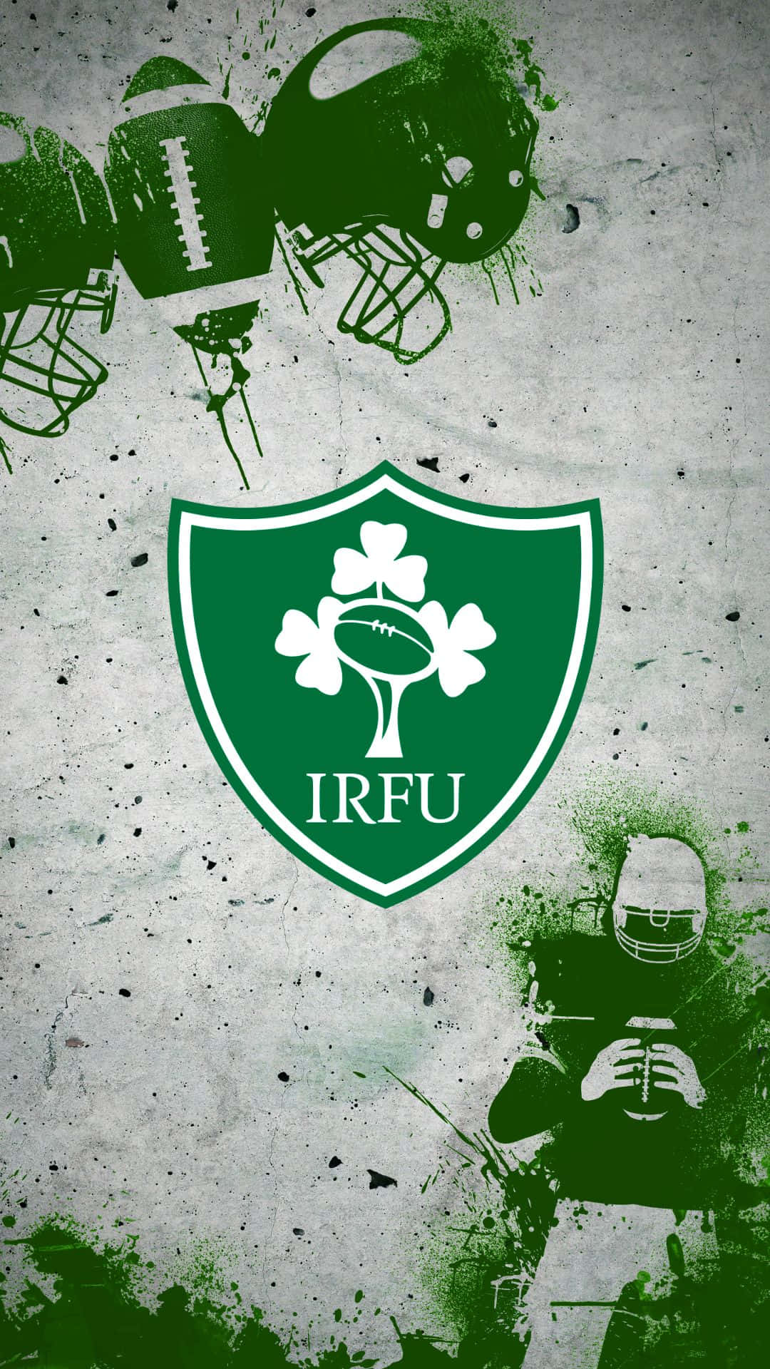 Ireland Rugby 桌布 壁紙 — 一款粗糙的綠色和白色壁紙，上面有愛爾蘭橄欖球聯盟的徽章、濺出的頭盔和球員剪影。