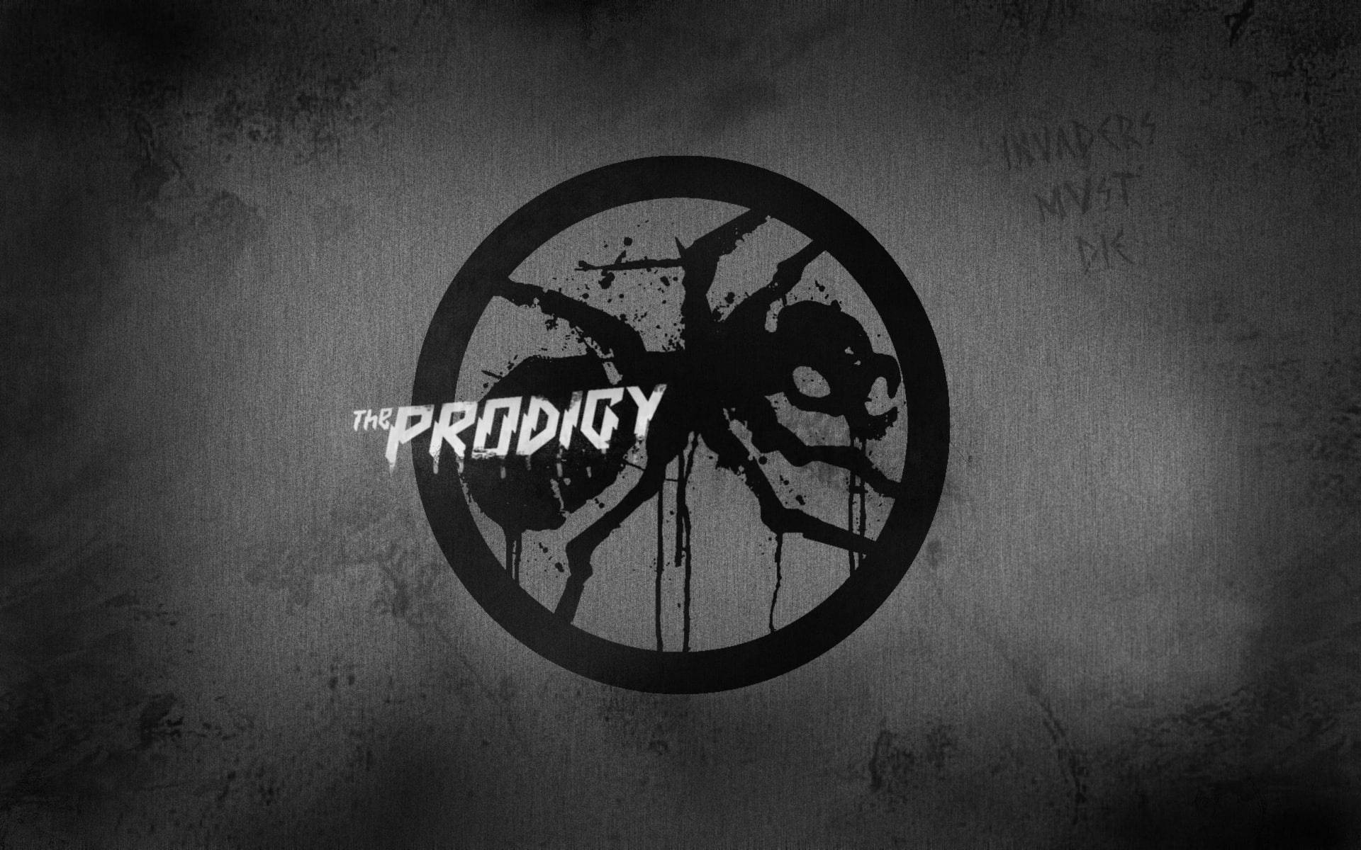 音樂 桌布 壁紙 — 一款粗糙的黑白壁紙，上面有The Prodigy標誌和潑濺的螞蟻剪影，在帶有塗鴉的紋理牆壁上。