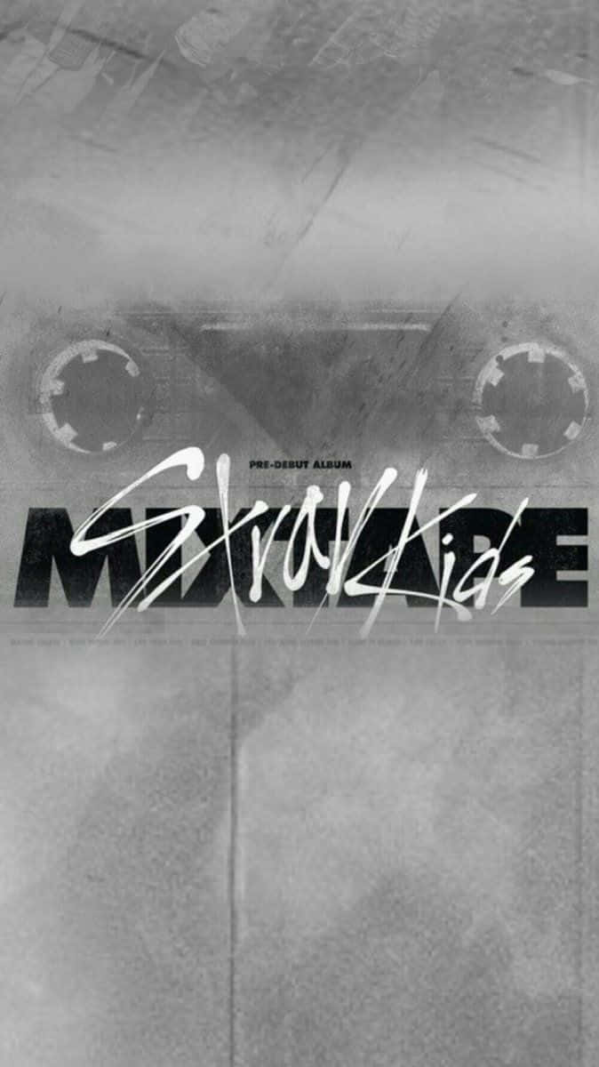 Mixtape 桌布 壁紙 — 一款粗糙的黑白桌布，帶有卡式錄音帶設計，並疊加 'Stray Kids' 和 'PRE-DEBUT ALBUM' 文字。