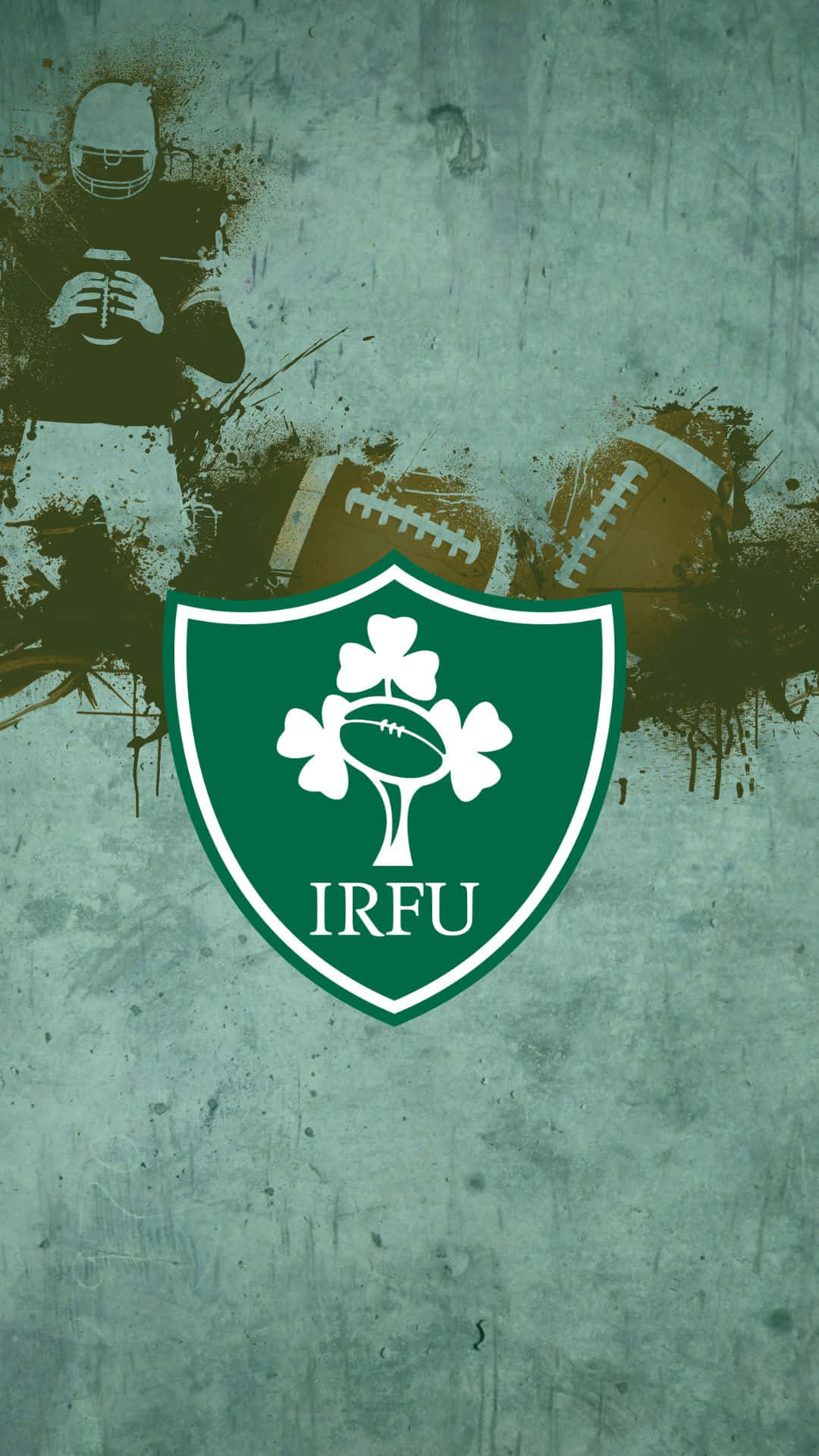 Ireland Rugby 桌布 壁紙 — 一款粗糙紋理的壁紙，中央印有IRFU標誌、三葉草和橄欖球，背景為褪色的球員和球類剪影。