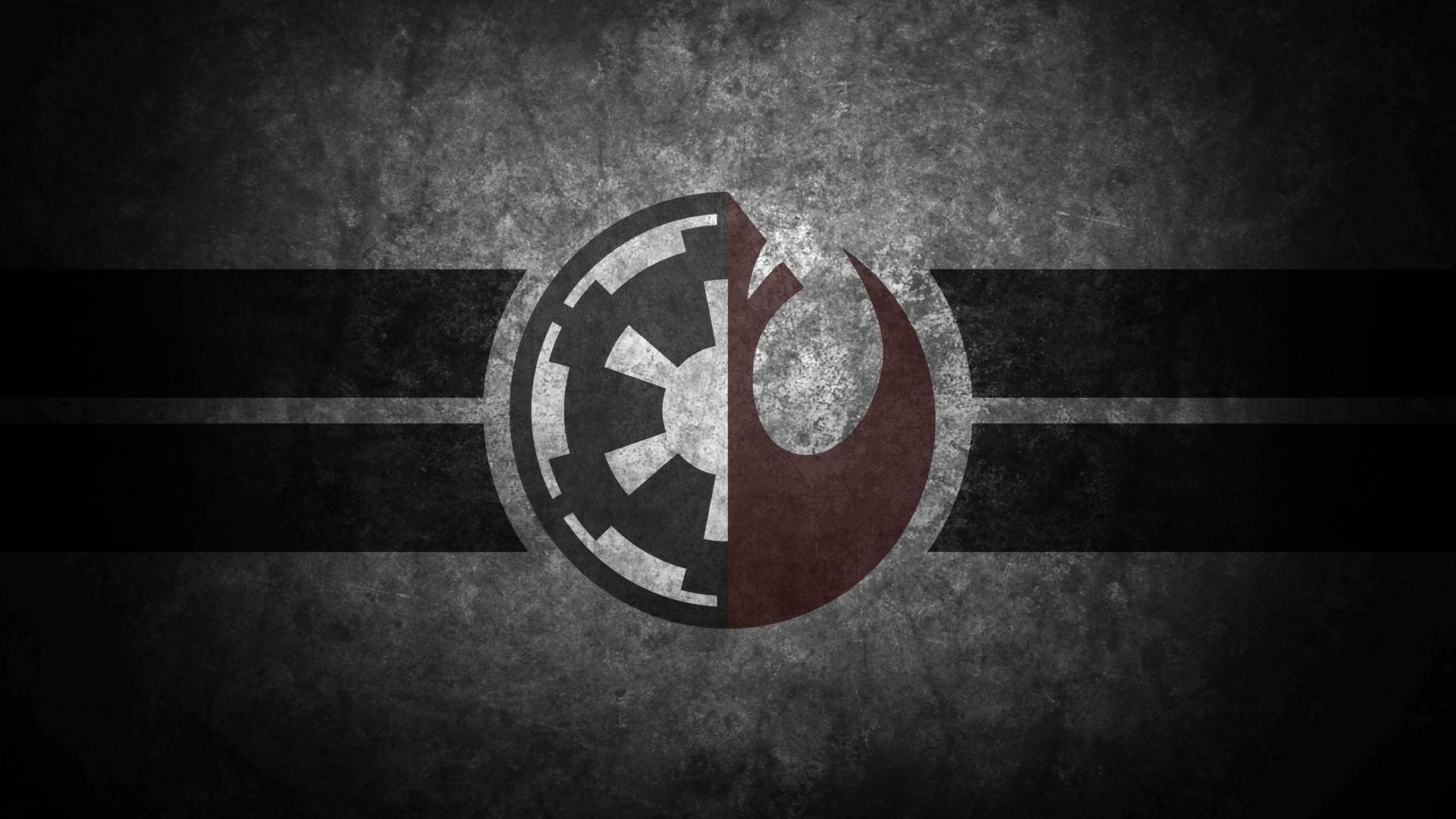 Star Wars Logo 桌布 壁紙 — 一款粗糙紋理的壁紙，以黑色條紋為背景，呈現星際大戰帝國與反抗軍標誌的分裂徽章。