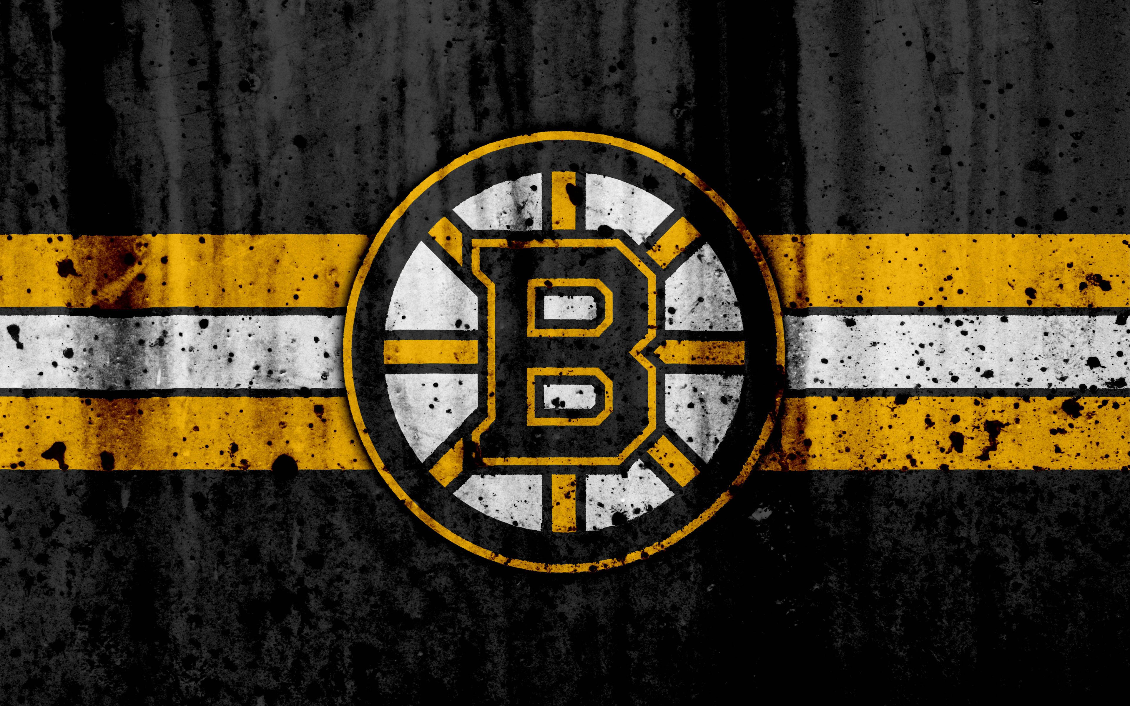 bruins 桌布 壁紙 — 一款粗糙紋理的桌布，以深色頹廢背景襯托大膽的黃色和白色條紋，中央放置波士頓棕熊隊標誌。