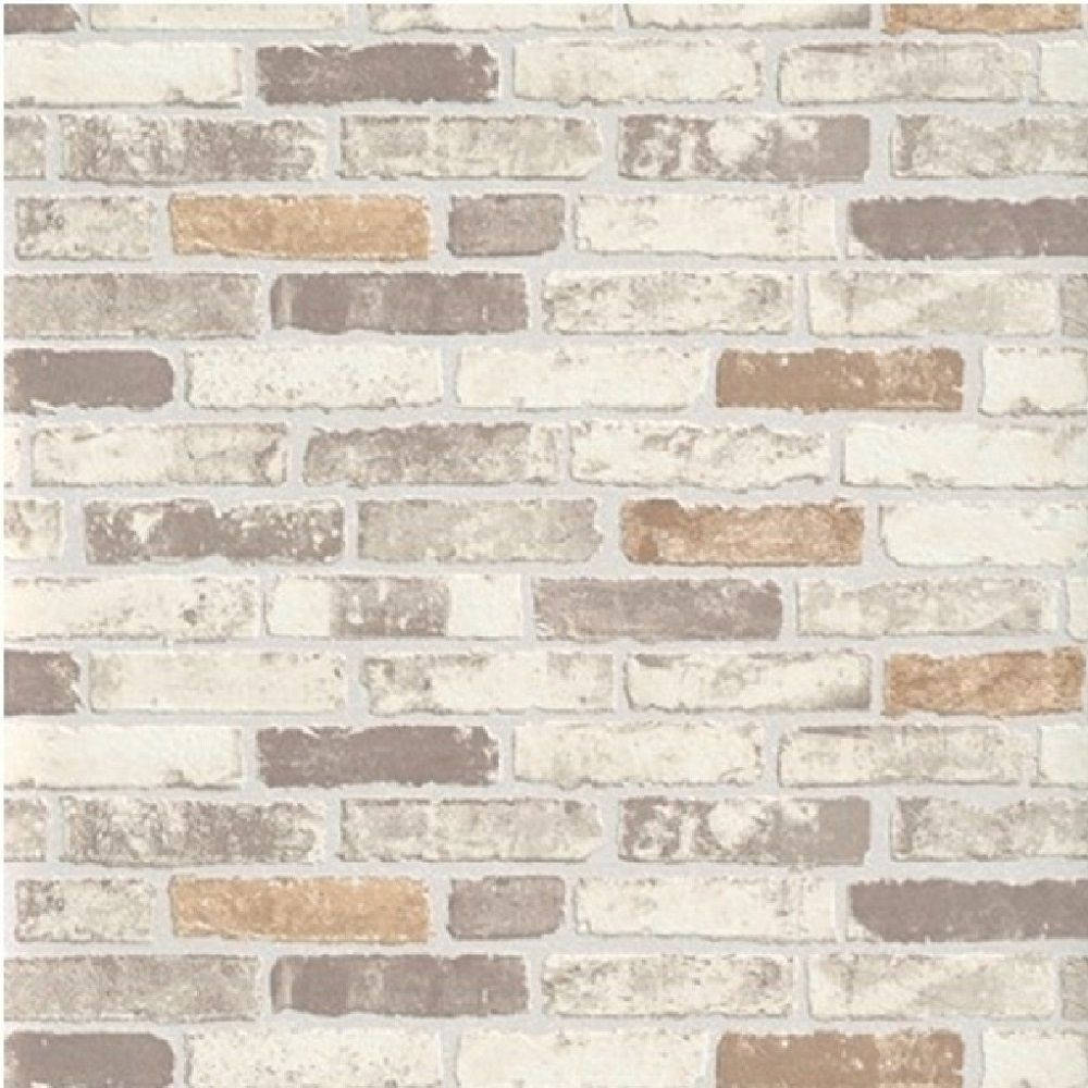 Brick 桌布 壁紙 — 一款紋理壁紙，模仿風化磚塊，採用柔和米灰色和棕色色調，帶有可見的砂漿線。