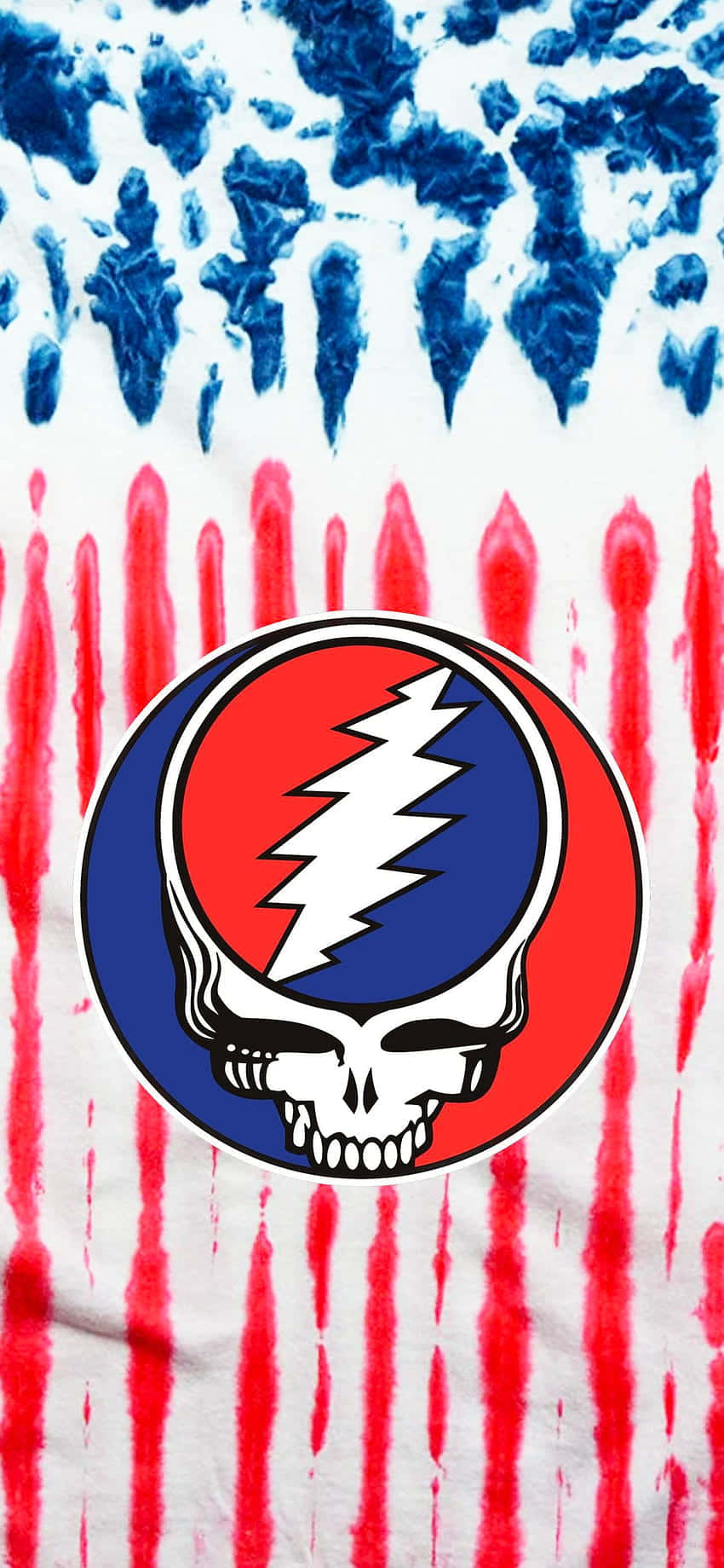 Pepsi Logo 桌布 壁紙 — 一款紮染壁紙，紅色和藍色滴落圍繞著中央的Grateful Dead骷髏頭和閃電標誌。