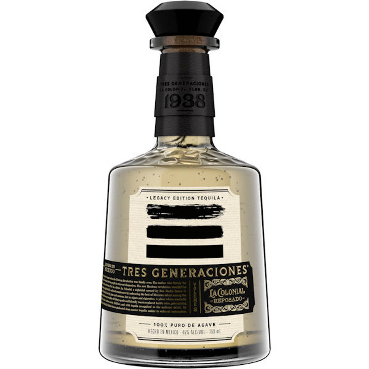 alcohol 桌布 壁紙 — 一款纖細的Tres Generaciones Legacy Edition龍舌蘭酒瓶，帶有黑色點綴和金色字體，背景為白色。