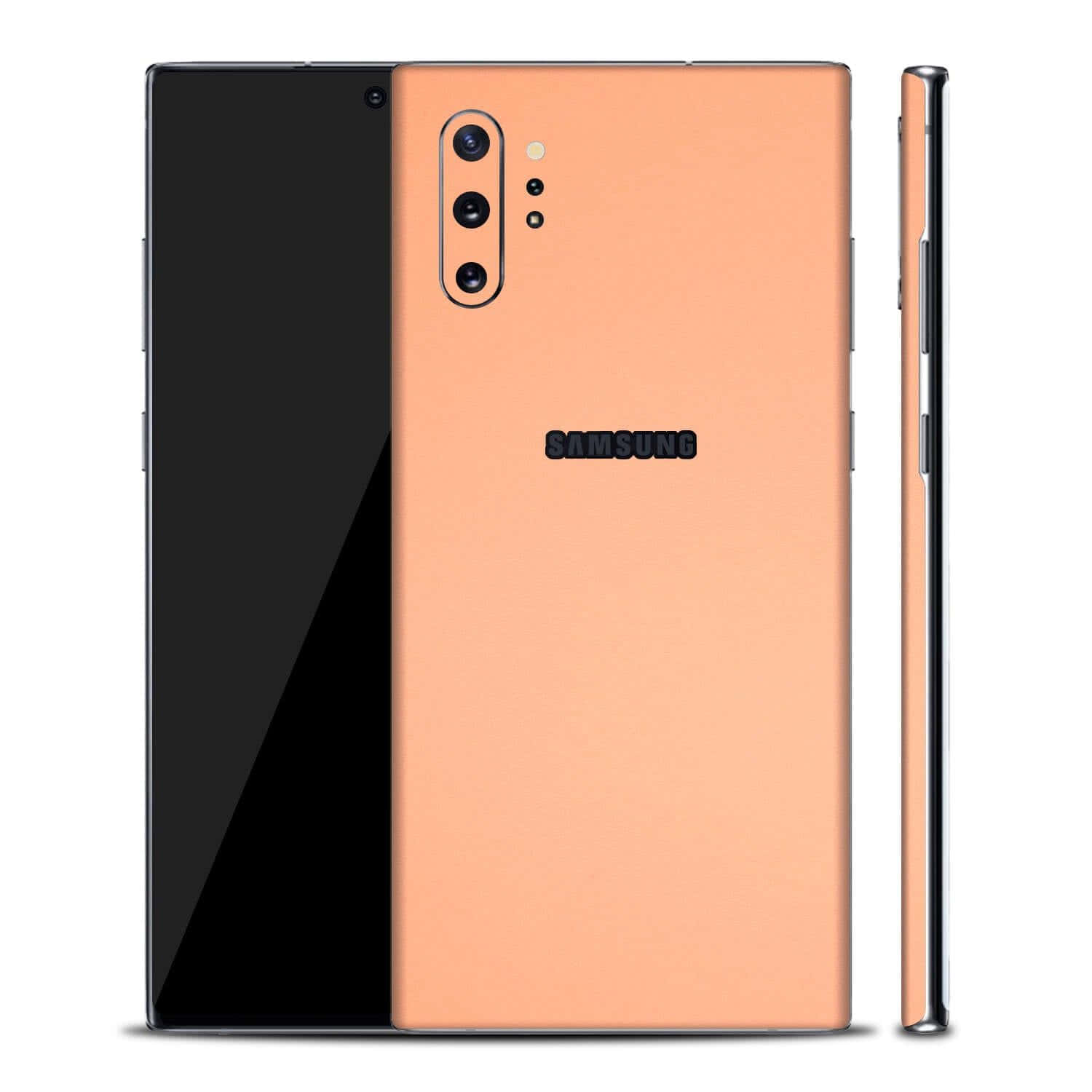 Galaxy S10 桌布 壁紙 — 一款纖薄的Samsung智慧型手機，從正面、背面和側面角度展示，帶有霧面蜜桃色背面和亮黑色正面。