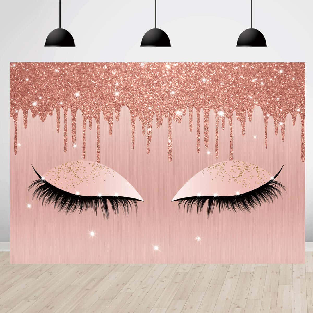 Eyelash 桌布 壁紙 — 一款華麗的壁紙，特色是超大閃亮粉紅眼睛，長睫毛，下方是滴落的玫瑰金閃亮天篷。