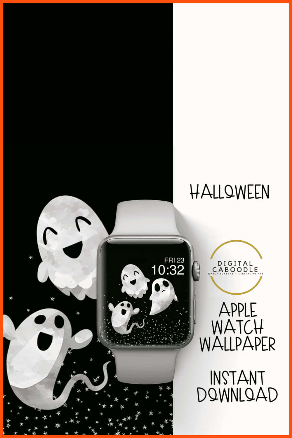 萬聖節Apple Watch桌布，黑色星空背景上有可愛幽靈。 — Apple Watch 動態 壁紙
