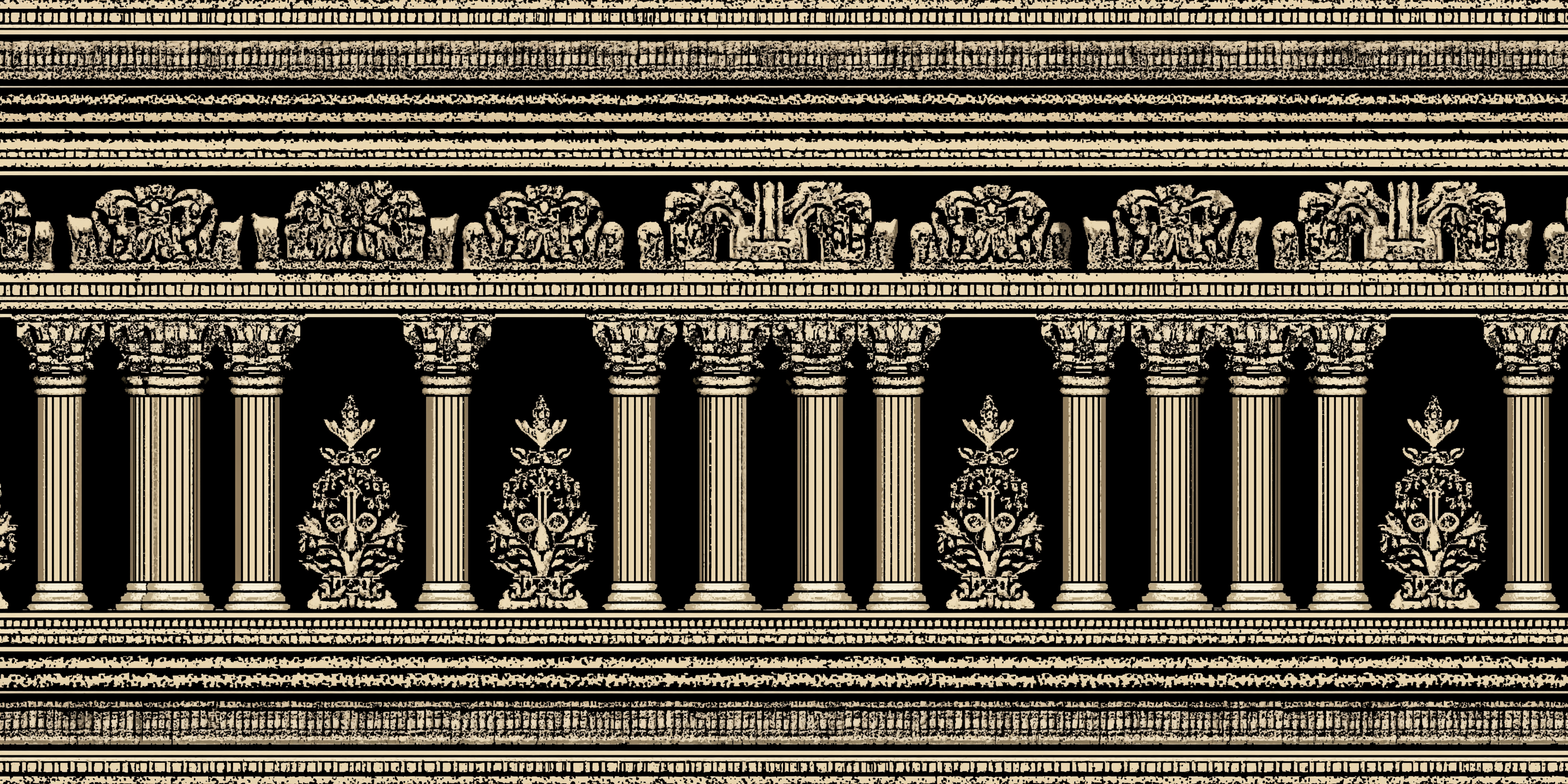 圖案 桌布 壁紙 — 一款裝飾性的黑色和奶油色壁紙，帶有重複的古典柱式，包括科林斯柱頭和裝飾性飾帶。