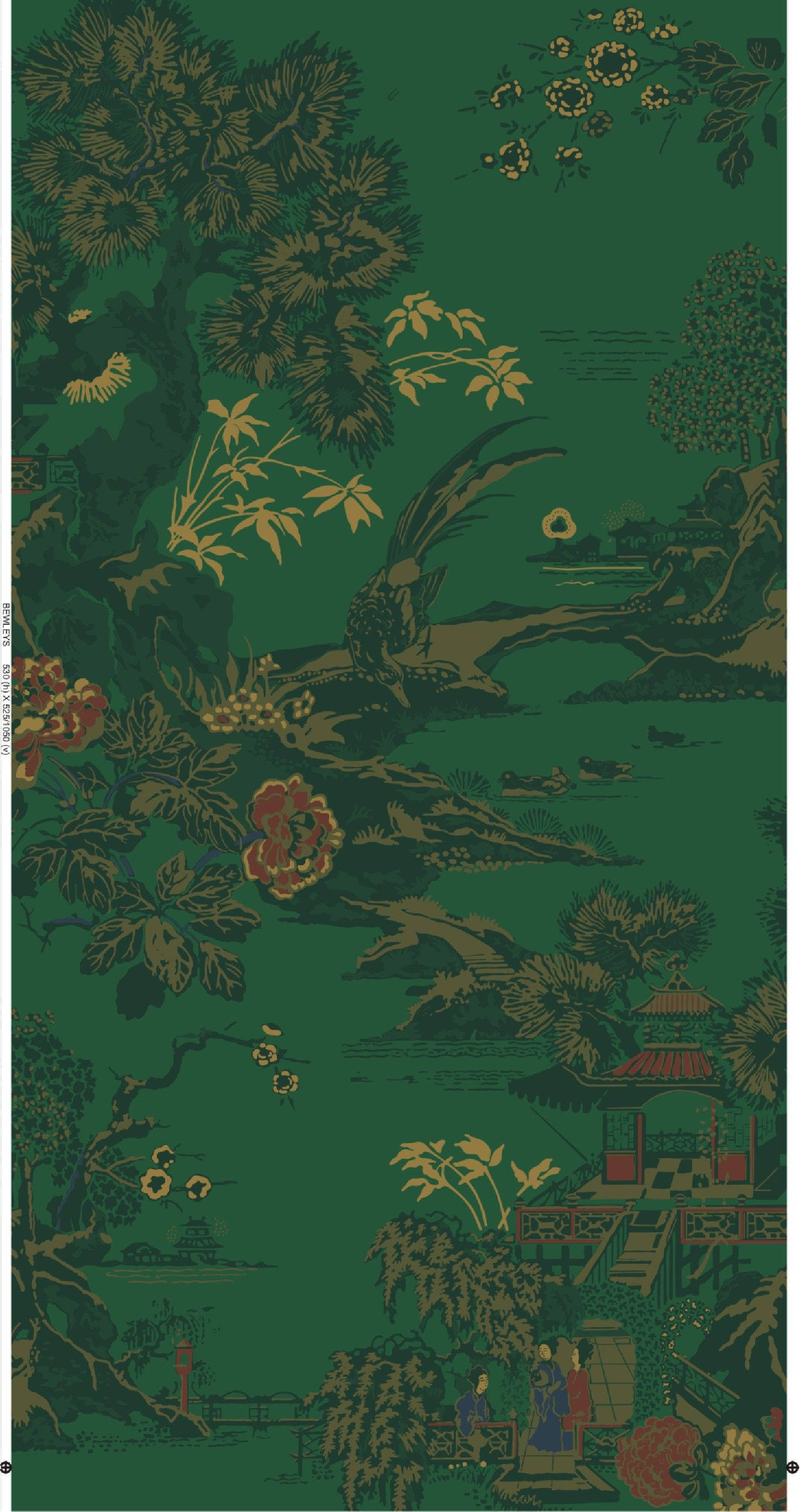 桌布 壁紙 — 一款豐富的綠色壁紙，帶有金色和棕色的傳統東亞風景場景，包括寶塔、樹木、花卉和人物。