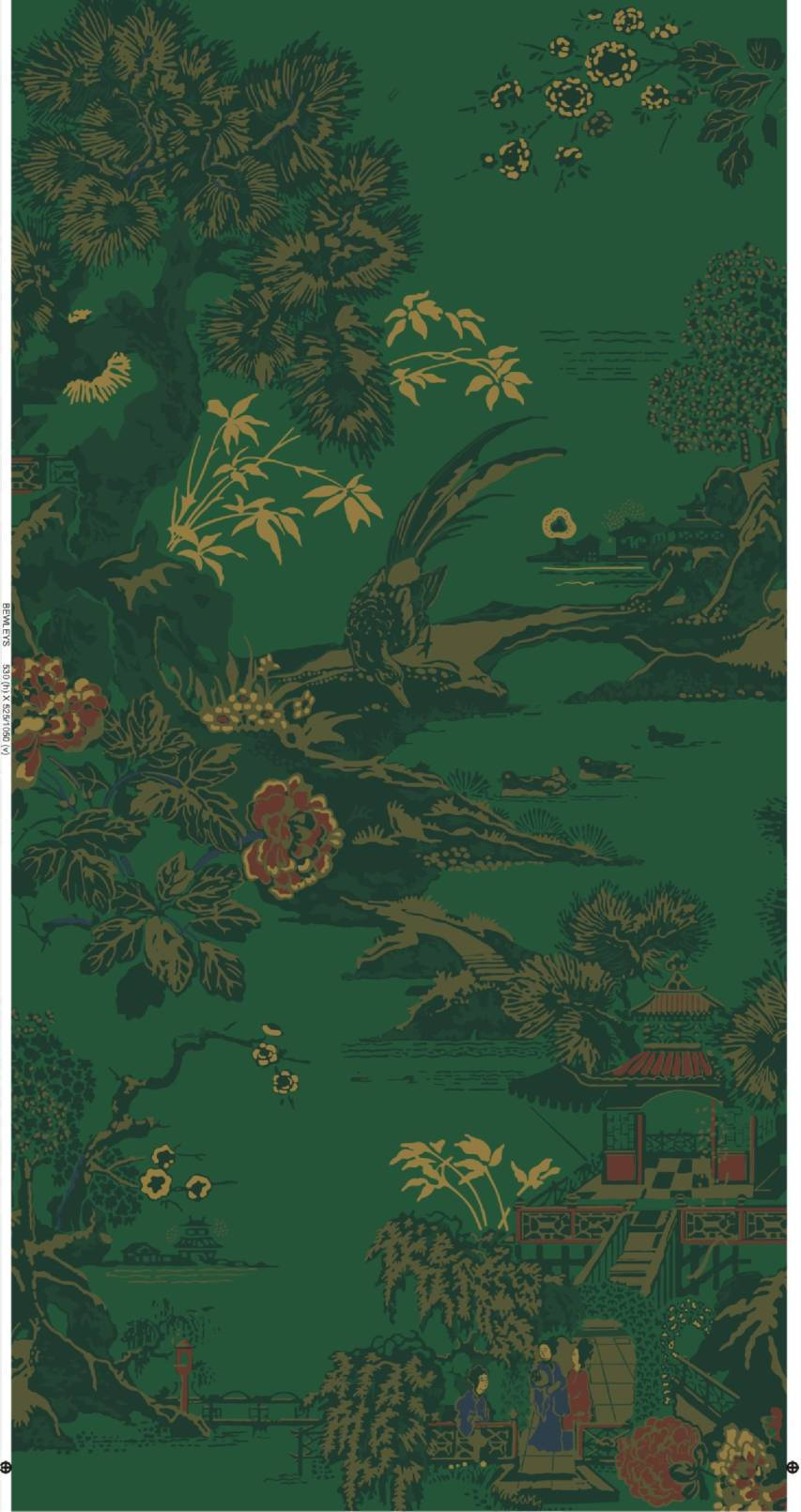Nature iPhone 桌布 壁紙 — 一款豐富的綠色壁紙，帶有金色和紅色的花卉圖案，以及傳統東亞風景場景，包括寶塔和人物。
