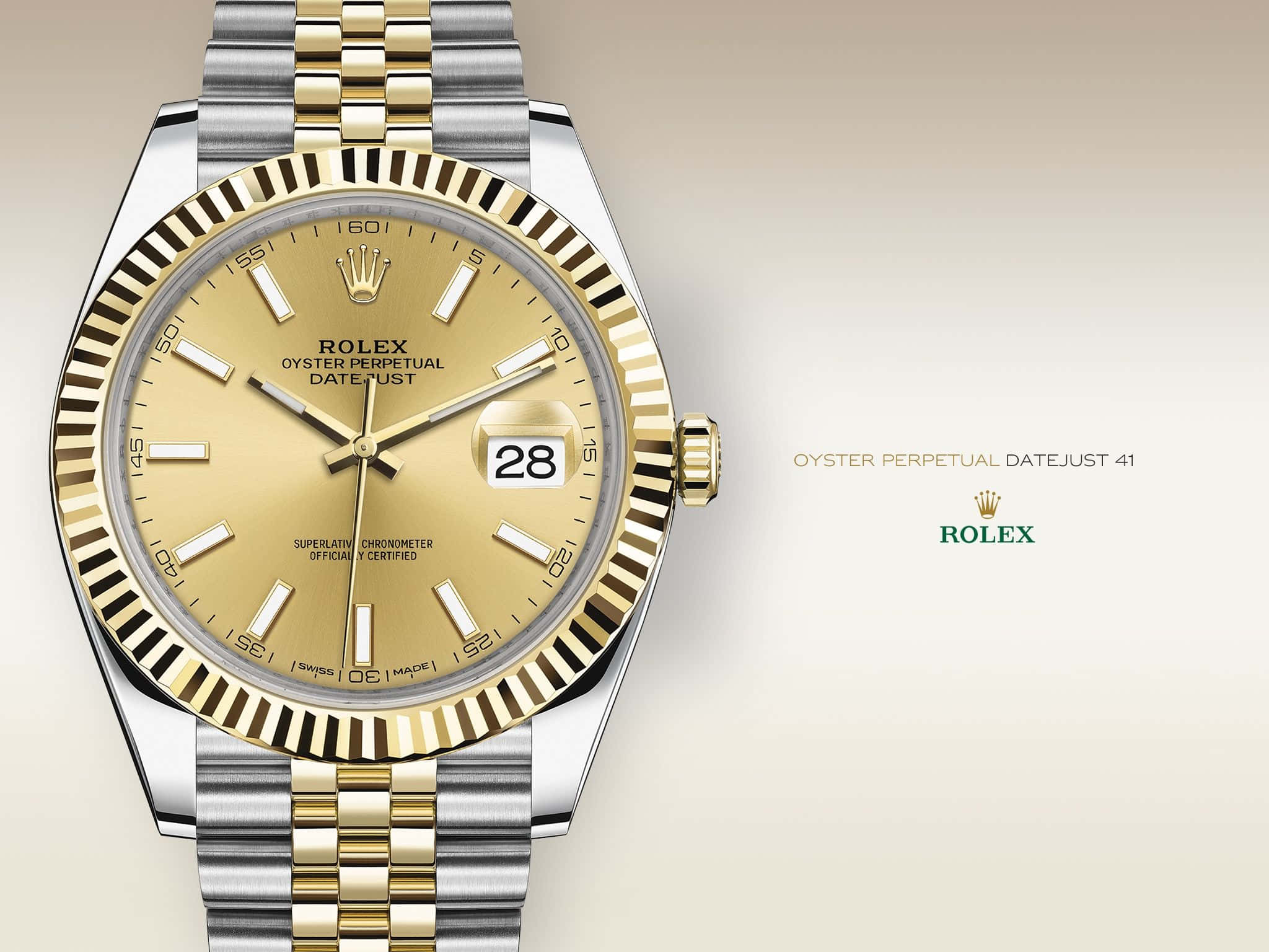 Rolex 桌布 壁紙 — 一款豪華的勞力士 Oyster Perpetual Datejust 41 手錶，配備金鋼錶帶，背景為柔和米色漸層。