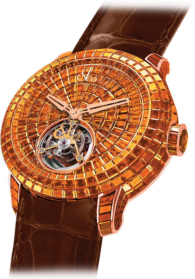 Timepiece 桌布 壁紙 — 一款豪華金色調手錶，帶有刻面水晶錶面和暴露的機械機芯，配棕色皮革錶帶。