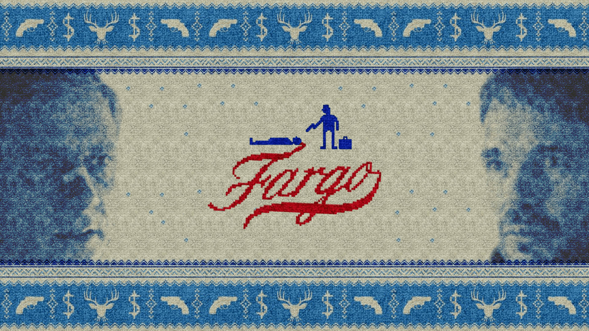 faces 桌布 壁紙 — 一款針織毛衣圖案，印有Fargo標誌、一個男人和一個身體的剪影，兩側是模糊的臉孔，以及重複的鹿槍和美元符號圖案。