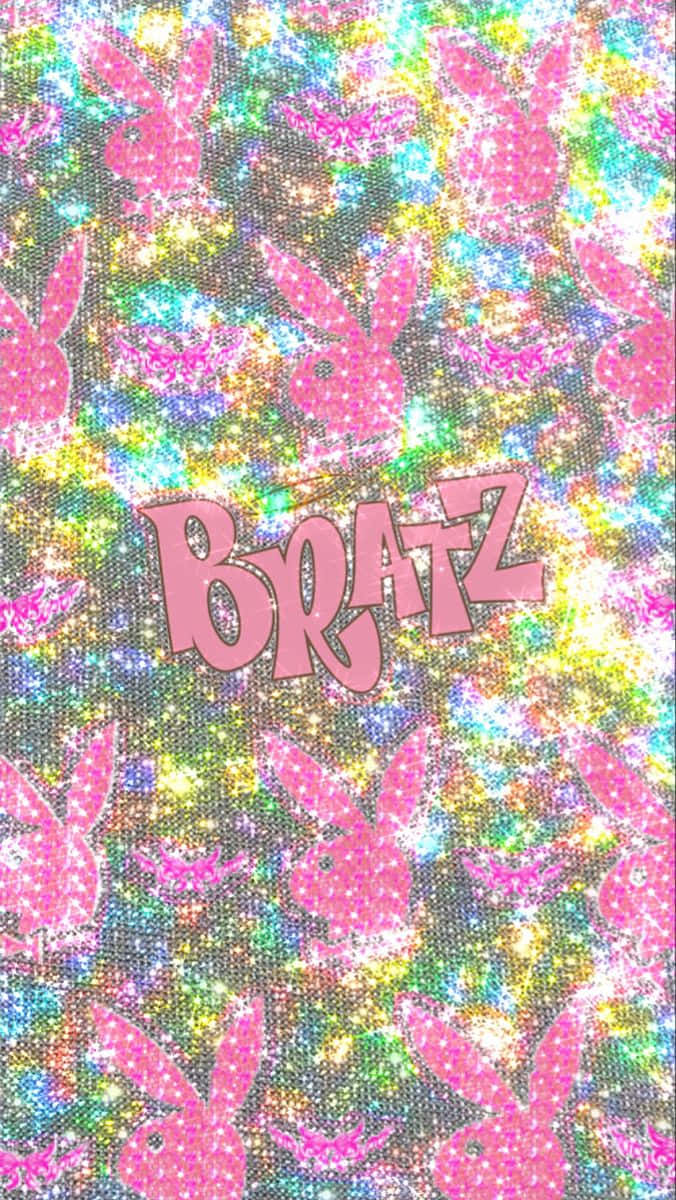 2000年代 桌布 壁紙 — 一款閃亮壁紙，上面有粉紅色 Bratz 標誌和兔子剪影，背景是彩虹閃粉。