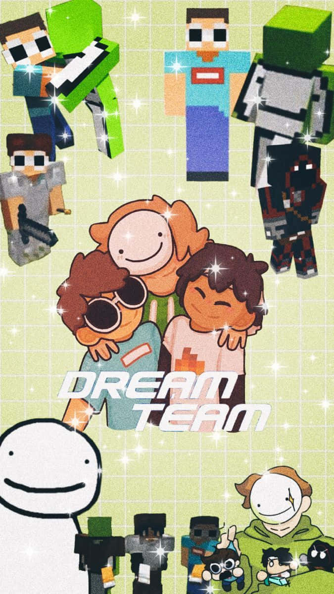 男生 桌布 壁紙 — 一款閃亮的桌布，以像素藝術風格展示Minecraft角色和Dream Team成員，帶有閃光效果。