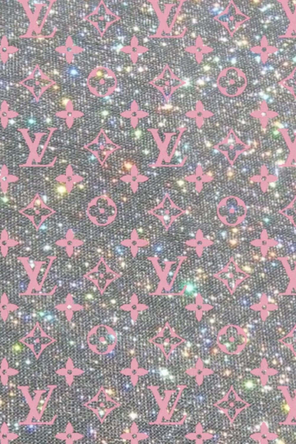 Louis Vuitton iPhone 桌布 壁紙 — 一款閃爍的壁紙，灰色背景上重複著粉紅色的Louis Vuitton字母圖案和閃爍的多色斑點。