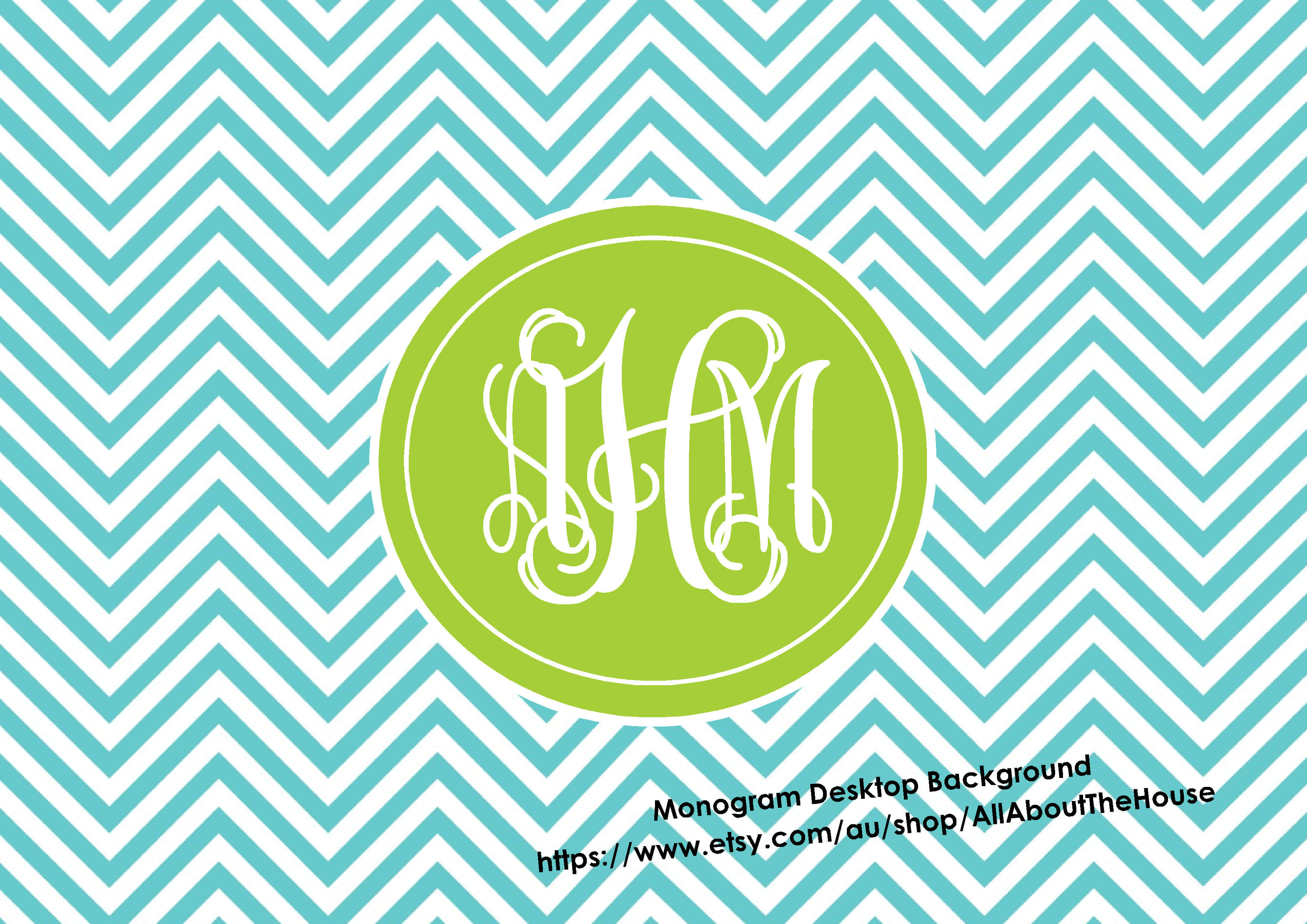 Monogram Desktop 桌布 壁紙 — 一款青綠色和白色的V形圖案壁紙，上面有一個萊姆綠色的圓圈，內有白色優雅字體的花押字「M」。