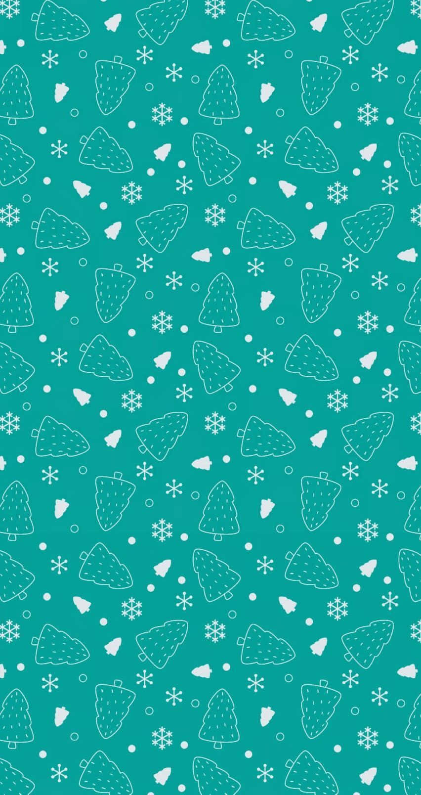Turquoise iPhone 桌布 壁紙 — 一款青綠色壁紙，圖案為白色輪廓聖誕樹、雪花和圓點，適合節日聖誕裝飾。