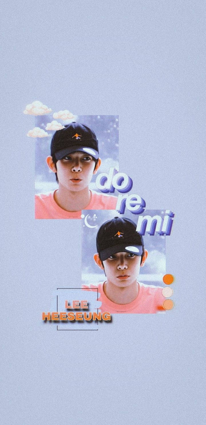 Kpop Aesthetic 桌布 壁紙 — 一款風格化的桌布， featuring 兩個分層的李羲承肖像，戴著帽子，穿著粉紅色襯衫，背景是柔和的薰衣草色，有漂浮的雲朵和音符。