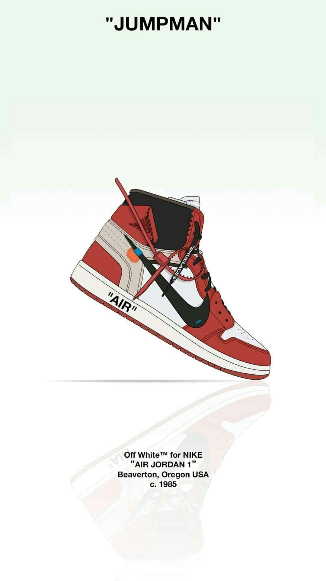 Off White Jordan 1 桌布 壁紙 — 一款風格化的紅、白、黑高筒運動鞋，上方有 'JUMPMAN' 文字，下方有反光表面。