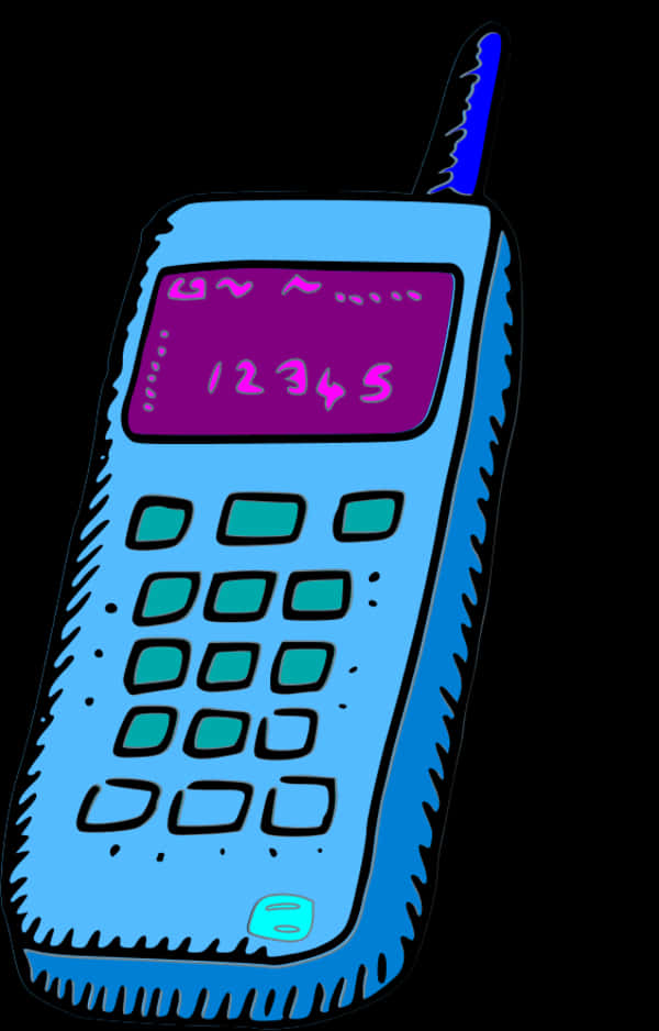 Mobile Phone 桌布 壁紙 — 一款風格化的藍色翻蓋手機，帶有紫色螢幕，在黑色背景上顯示數字和符號。