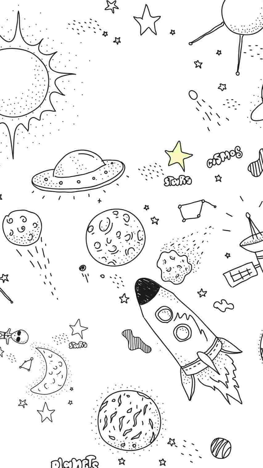 Sketch Art 桌布 壁紙 — 一款黑白太空主題的奇趣桌布，塗鴉風格的火箭、行星、星星和UFO散落在宇宙中。