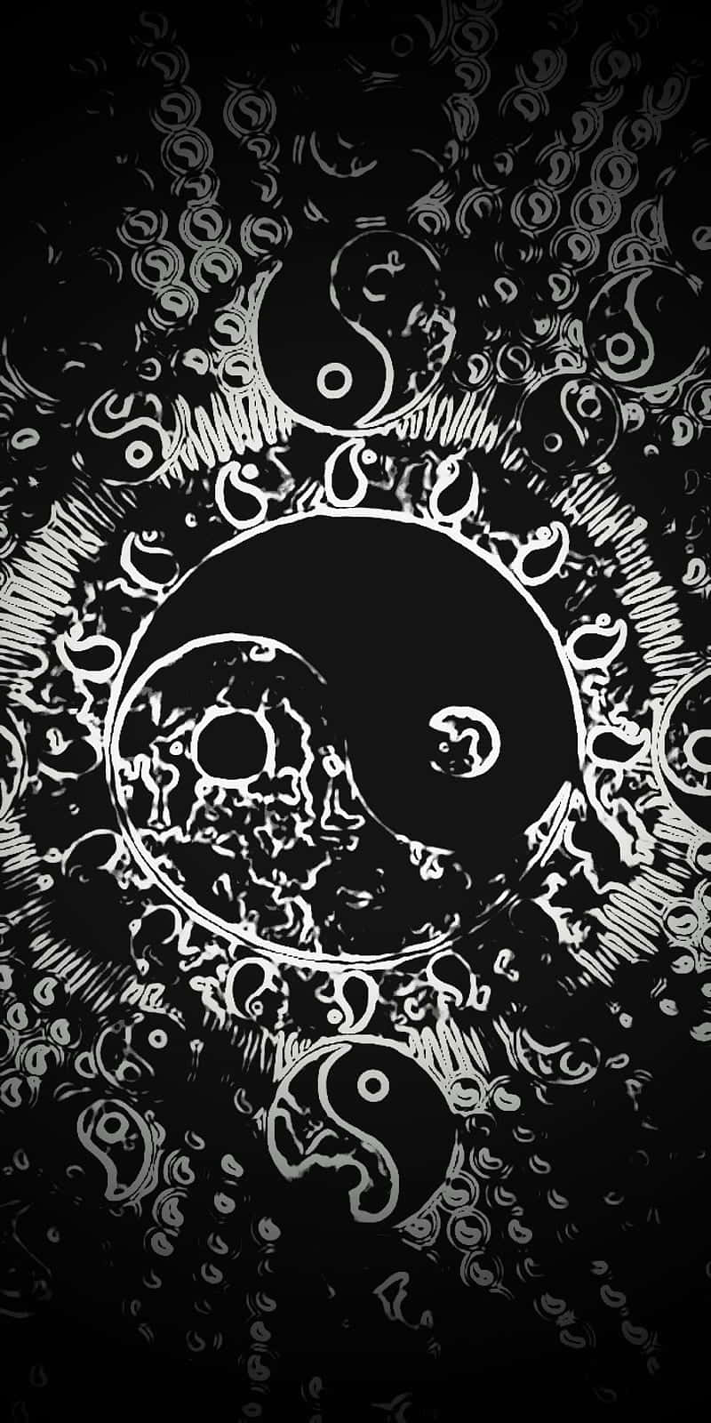 Ying Yang 桌布 壁紙 — 一款黑白抽象壁紙，中央有一個陰陽符號，周圍環繞著漩渦圖案和較小的陰陽圖案。
