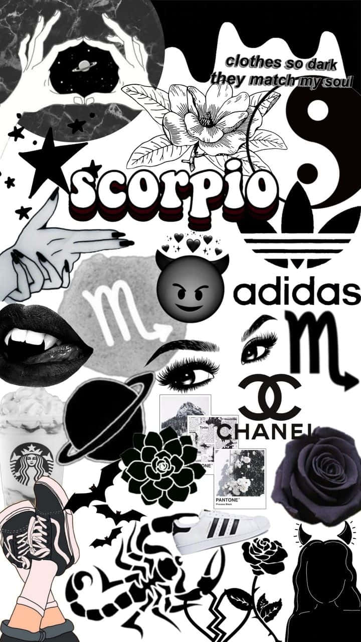 Scorpio 桌布 壁紙 — 一款黑白拼貼壁紙，以大膽的圖形風格呈現天蠍座符號、奢侈品牌標誌、玫瑰和時尚元素。