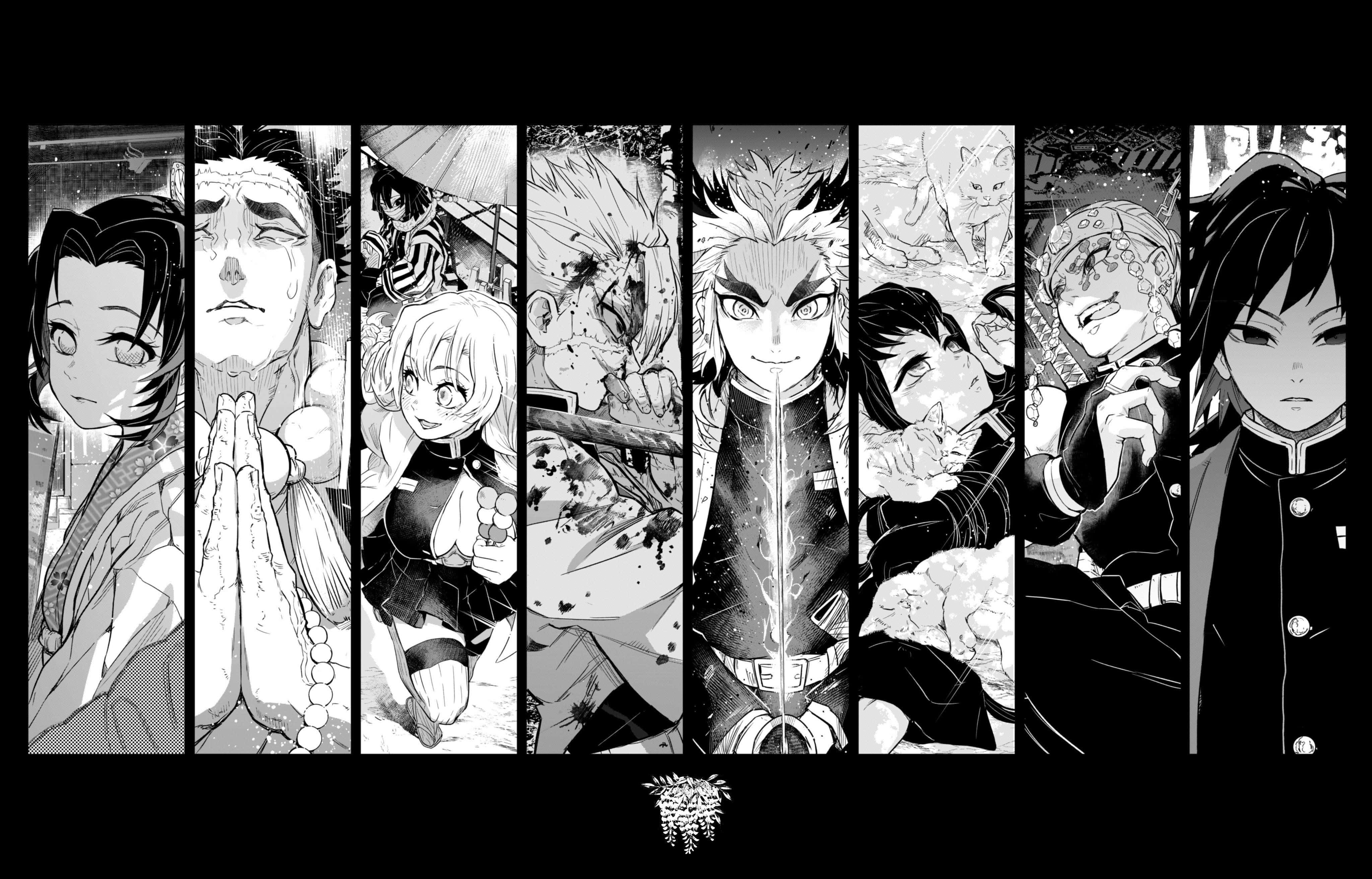 Aesthetic Manga 桌布 壁紙 — 一款黑白漫畫風格桌布，包含八個垂直面板，展示《鬼滅之刃》角色，表情豐富，姿勢動感。